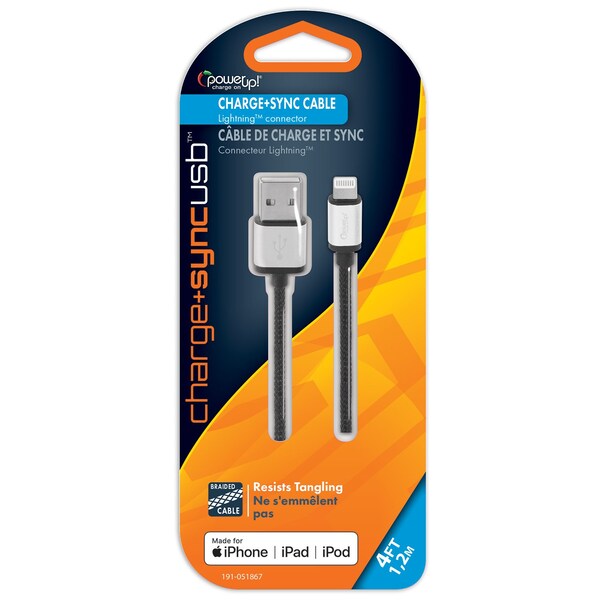 Power Up! Braided USB Cable w/ Metal Ends MFI 8-pin 4ft Blk 191-051867 - main